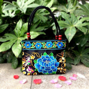 Big Peony Embroidery Ethnic Travel Women Shoulder Bags Handmade Canvas Wood Beads Handbag - hiblings