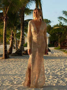 Casual Vacation Beach Lace-Up Mask Long Dress Cover-Ups