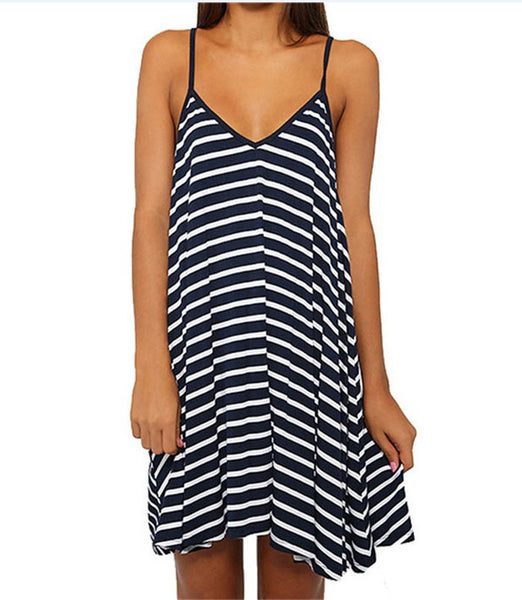 2072 Black and white striped loose V-neck back sexy dress women's wear