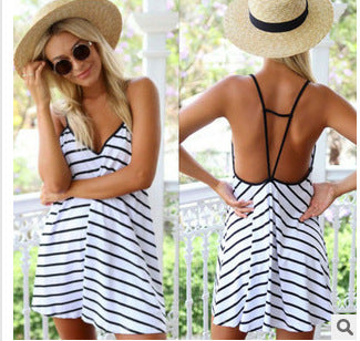 2072 Black and white striped loose V-neck back sexy dress women's wear