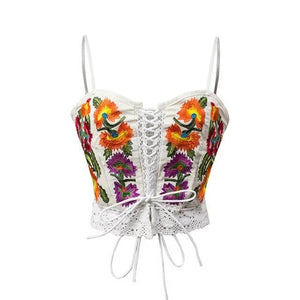 Summer Floral Embroidery Backless Bandage Beach Tops