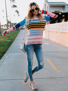 Colorful Stripe Round Neck Long Sleeve Sweater