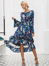 Load image into Gallery viewer, Floral Print Long Sleeve Irregular Midi Dress