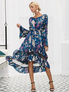 Floral Print Long Sleeve Irregular Midi Dress
