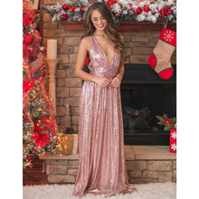 Load image into Gallery viewer, Sexy Sequin Deep V Neck Back Cross Evening Party Maxi Dress