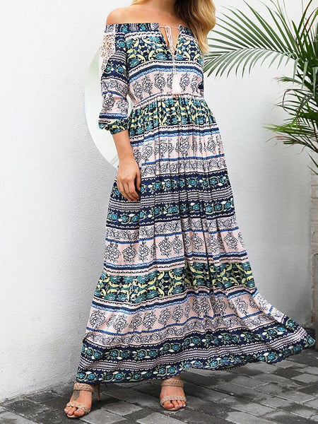 Print Off Shoulder Beach Bohemia Maxi Long Dress