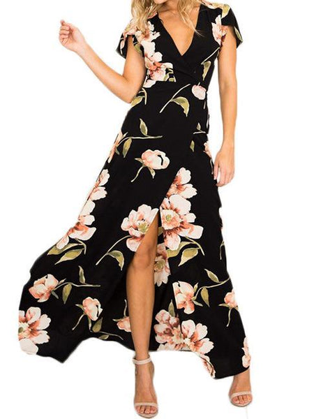 2018 New Floral Print V Neck Split Maxi Dress