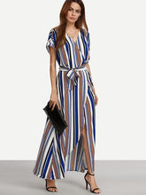 Load image into Gallery viewer, Elegant Stripe V Neck Short Sleeve Split Belted Maxi Dress