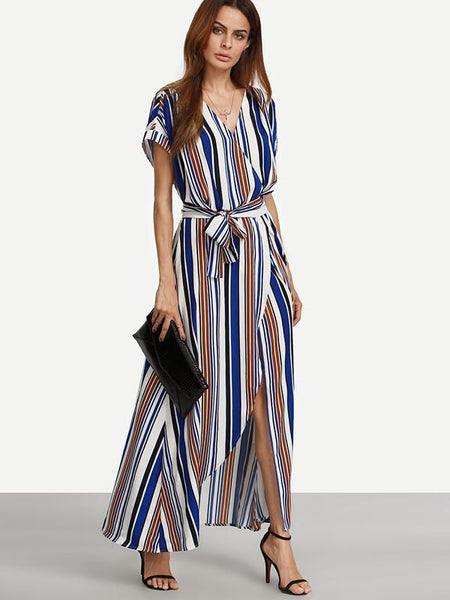 Elegant Stripe V Neck Short Sleeve Split Belted Maxi Dress