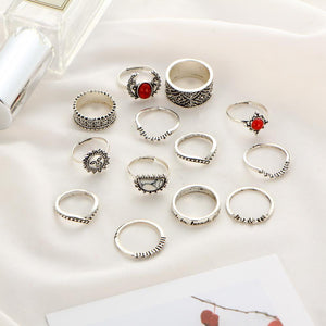 14 pcs Vintage silver carved floral ring red & white turquoise BOHO ring set