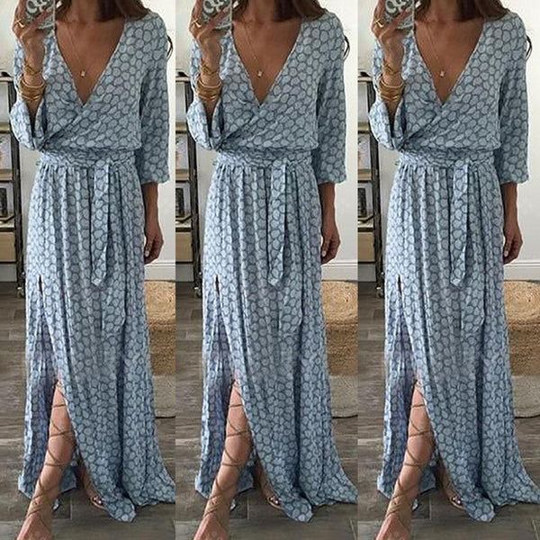 Mid Sleeve Floral Sexy V-neck Wide Hem Long Dress