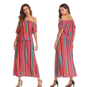 Large Size Off Shoulder Loose Rainbow Stripe Bohemian Dress