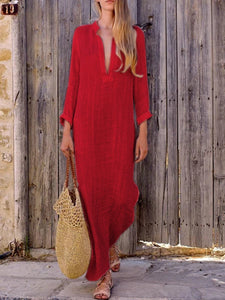 Solid Color V Neck Long Sleeve Casual Maxi Dress