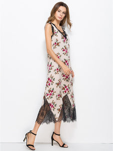 Floral Lace Split-joint V-neck Sleeveless Bohemia Midi Dress