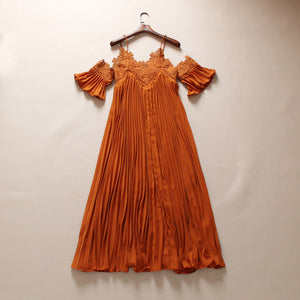 Summer Spaghetti Strap Pleated Cold Shoulder Maxi Dress