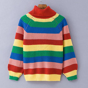 Rainbow Turtleneck Winter Jumpers Knitted Striped Oversize Pullover Sweater