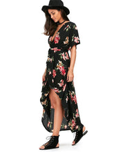 Load image into Gallery viewer, Floral Print V Neck Split Belted Beach Maxi Dress