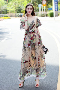 Elegant Embroidered Round Neck Short Sleeve Maxi Dress