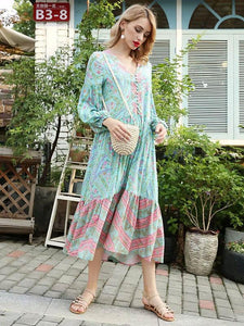 Bohemia Floral V Neck Long Sleeve Maxi Dress