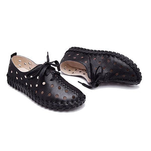 Hollow Out Breathable Stitching Lace Up Leather Soft Shoes