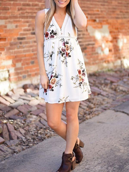 Beautiful White Bohemia Floral Sleeveless V Neck Mini Dress