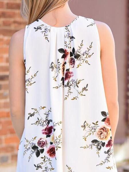 Beautiful White Bohemia Floral Sleeveless V Neck Mini Dress