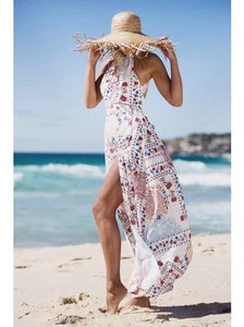 Seaside Vacation Retro Beach Big Swing Halterneck Split Dress