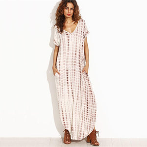 Summer Printed V-Neck Short Sleeve Beach Long Dress