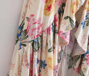 Chiffon Floral Print Short Sleeve Irregular Maxi Dress