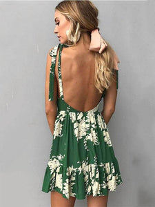Green Lace-up V-back Printed Mini Dress