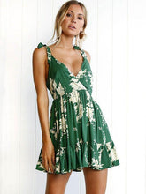 Load image into Gallery viewer, Green Lace-up V-back Printed Mini Dress