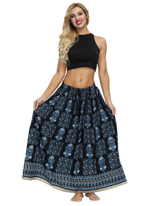 Printed Women's Elastic Waist Pleated Skirt Long Skirt