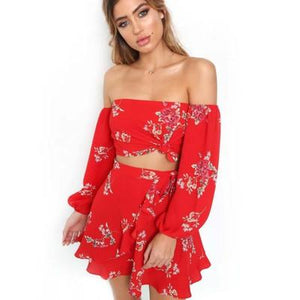 Chiffon Off The Shoulder Skirt and Sleeve Top 2 Piece Set