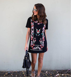 Women Floral Short Sleeve Boho Black Mini Dress