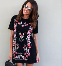 Load image into Gallery viewer, Women Floral Short Sleeve Boho Black Mini Dress