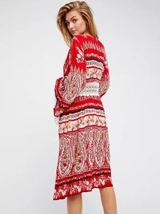 Printed Hollow Belted Bohemia Dress