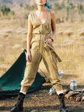 Load image into Gallery viewer, Boho Mustard Color Leopard Print Loose Deep Round Neck Tie Holiday Jumpsuit