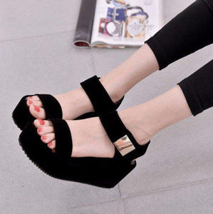 Black Pu Korean Style Metal Platform Hook Loop Peep Toe Gladiator Sandals