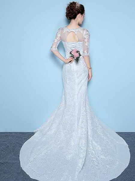 Sleeve Slim Waisttail Fishtail Tail Wedding Dress