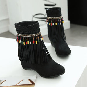 Tassel Beaded Roman Folk Style Hidden Heel Plus Size Short Boots