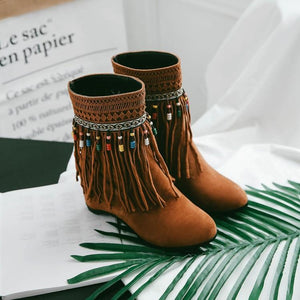 Tassel Beaded Roman Folk Style Hidden Heel Plus Size Short Boots