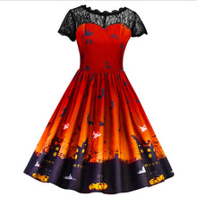 Load image into Gallery viewer, Women Short Sleeve Castle Pumpkin Halloween Lace Dress