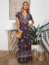 Load image into Gallery viewer, Boho Lace-up V-neck Printed Maxi Dresses