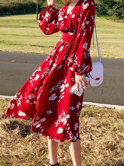 2018 New Chiffon Floral Print V Neck Long Sleeve Beach Bohemia Dress