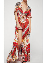 Load image into Gallery viewer, New Printed V Neck Short Sleeve High Split Maxi Dress