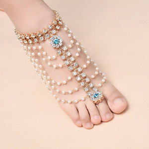 Exaggerated personality alloy chain anklets with pearl tassel diamonds and even finger-decorated