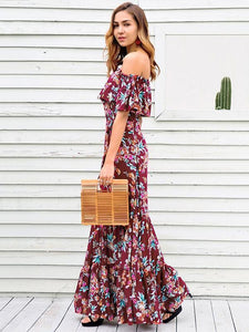 Floral Print Off Shoulder Beach Maxi Dress