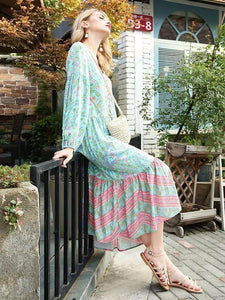 Bohemia Floral V Neck Long Sleeve Maxi Dress