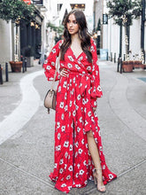 Load image into Gallery viewer, Floral Print V Neck Long Sleeve Belted Boho Maxi Long Dress