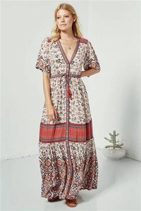 Print Short Sleeve V Neck Vintage Bohemia Dress
